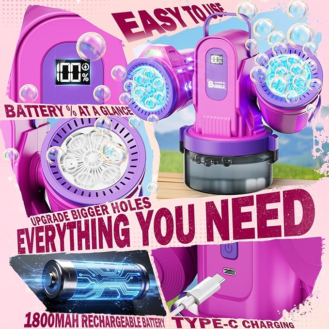 Dual-Engine Bubble Machine with Auto Rotation & RGB Lights & Remote Control,1800mA Type-C Rechargeable,700mL Tank,Bubble Maker for Kids, Party, Wedding, Backyard Outdoor Toy