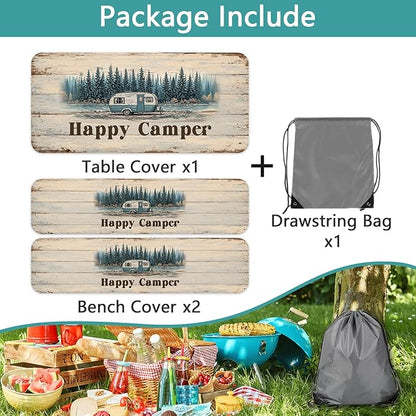 JAWO Happy Camper Picnic Table Cover - Fitted Tablecloth with Elastic Edge,Camping Design for Outdoor Camping, BBQ Decor, 72x30 Inch