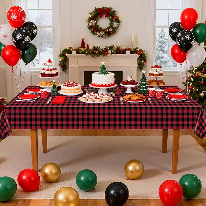 1 Pack Red Striped Gingham Tablecloths, 54 x 108 Inch Disposable Plastic Rectangle Table Covers, Waterproof Red and Black Checkered Table Cloths for Picnic, Birthday, Party, Outdoor Events