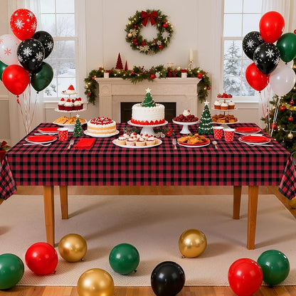 2 Pack Red Striped Gingham Tablecloths, 54 x 108 Inch Disposable Plastic Rectangle Table Covers, Waterproof Red and Black Checkered Table Cloths for Picnic, Birthday, Party, Outdoor Events