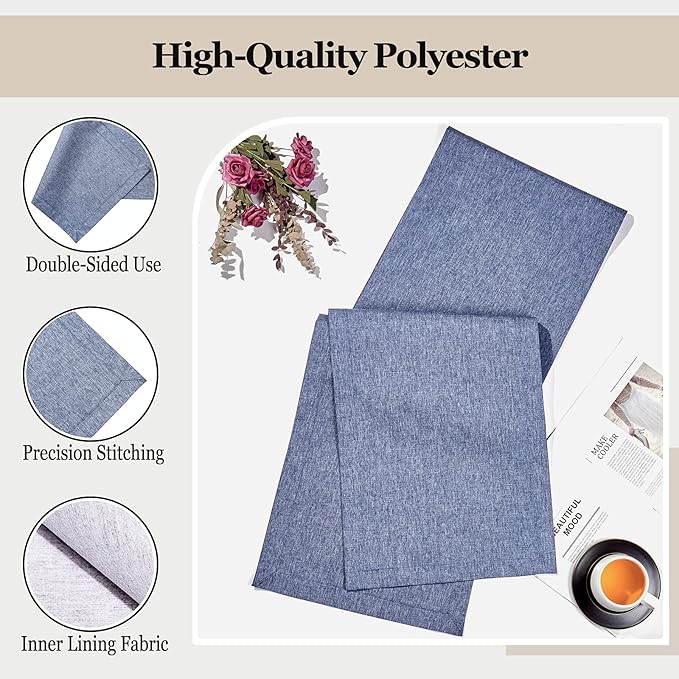 Mebakuk Linen Farmhouse Table Runner Large Burlap Style Soft and Waterproof Decorative Fabric Runner for Outdoor Wedding and Dinner (14 x 36 Inch, Denim Blue)