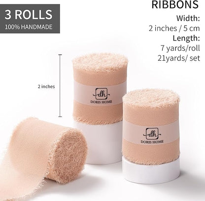 DORIS HOME Nude Pink Chiffon Ribbon for Flower Bouquet, 2" x21Yd Fabric Ribbon for Gift Wrapping, Handmade Frayed Ribbon for Wedding/Christmas Decorations