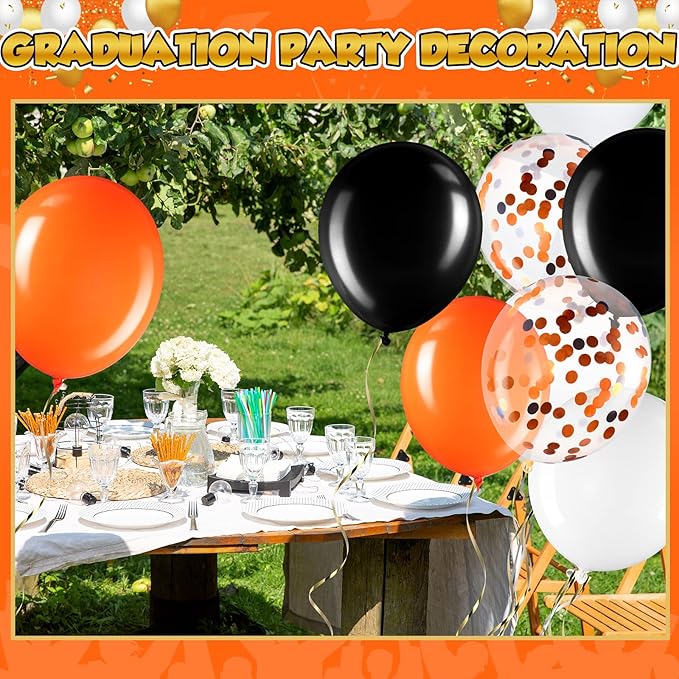 Sratte 60 Pcs 12 Inch Black Orange White Balloons Kit Halloween Decorations Confetti Latex Metallic Balloons with 2 Rolls Ribbon Party Favor for Memorial Day, Birthdays