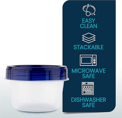 PLASTICPRO [4 oz 12 Pack] Twist Top Deli Containers Clear bottom With blue Top Twist on Lids Reusable, Stackable, Food Storage Freezer Container
