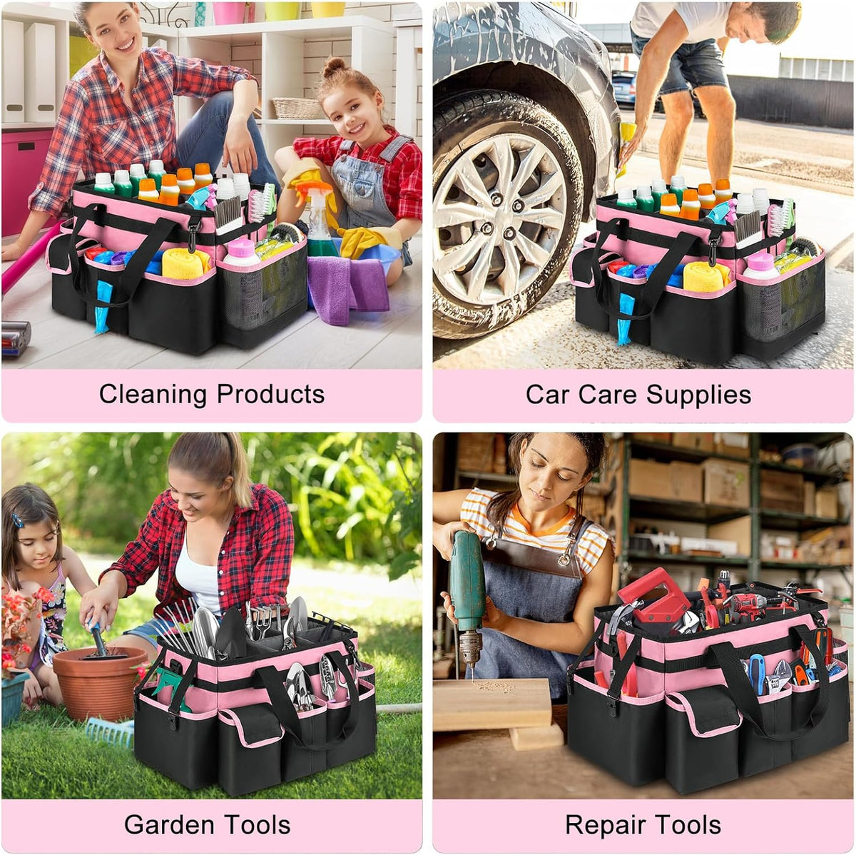 Cleaning Caddy,Large Cleaning Bags for Housekeepers,Cleaning Supplies Organizer with Handle,Pink