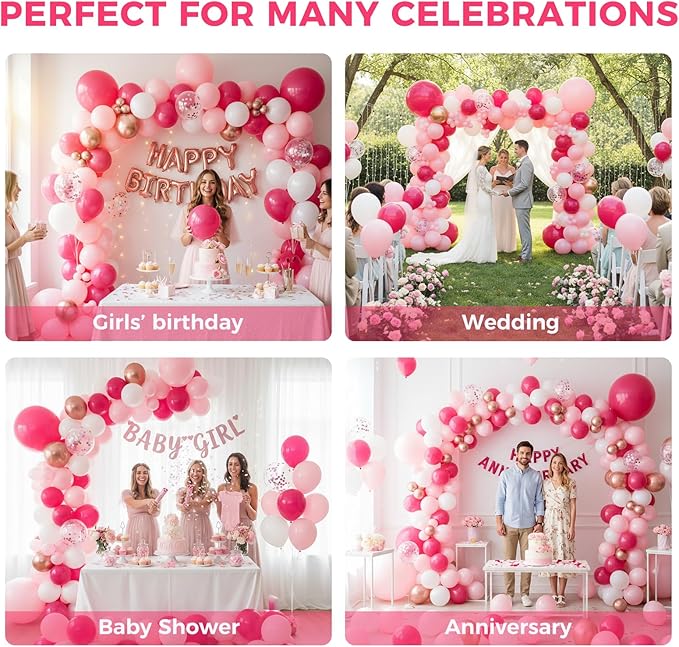 LovesTown 150 PCS Pink Rose Gold White Balloons Different Size of 18 12 10 5 Inch, Pink Confetti Balloons with Ribbons for Confession Proposal Wedding Girls Birthday Baby Shower Party Decorations