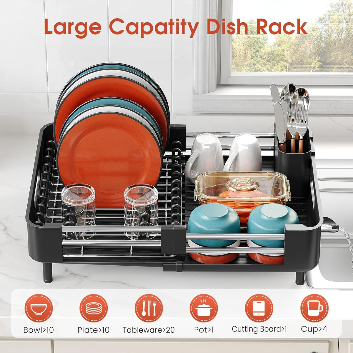 Dish Drying Rack for Kitchen Counter, Extendable Dish Rack with Drainboard, Expandable Dish Drainer, Collapsible Dish Strainer with Cutlery Holder, Foldable Home Countertop Plate Storage Rack, Black