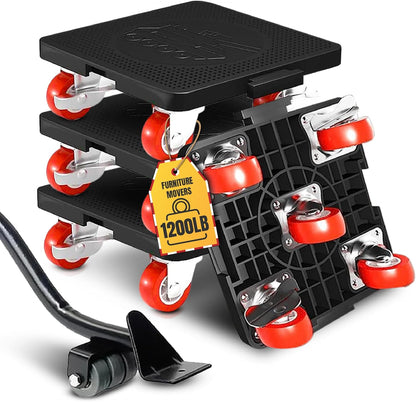 Heavy Duty Furniture Dolly Set with Lifter Tool and 5 Wheels - Capacity, 360° Rotating Wheels for Sofas, Refrigerators, and More (1200 LB)