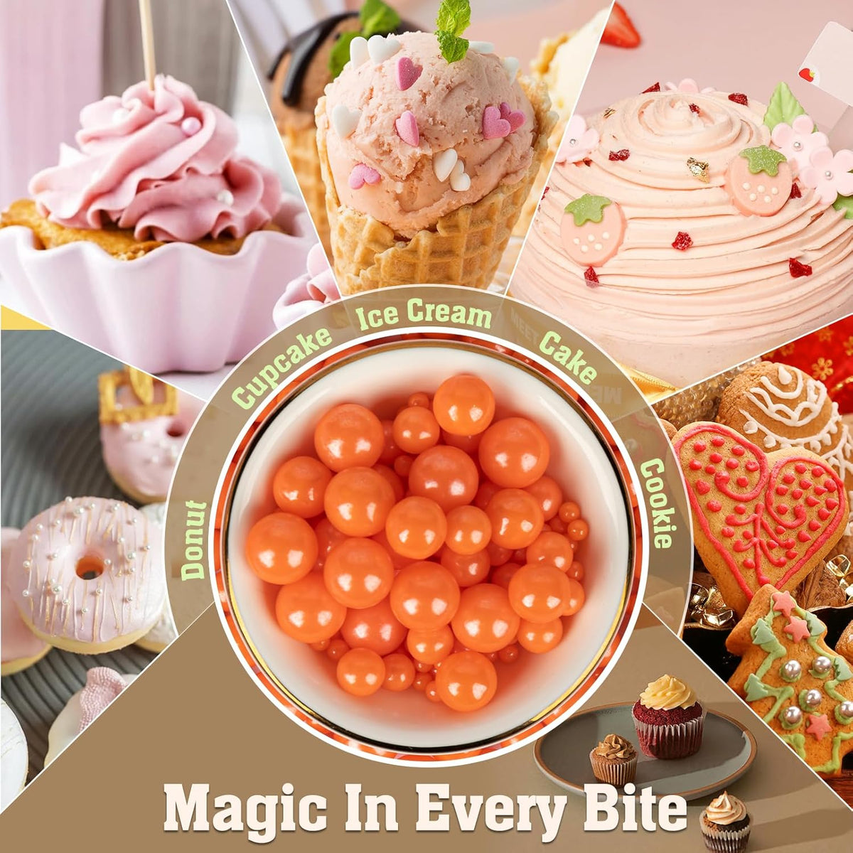 Twisweet Orange Pearl Sprinkles for Cake Decorating, Edible Sugar Pearls for Baking, Mix Size, Cake Topper Cupcake Cookie Ice Cream Dessert Decorations, Halloween Birthday Autumn Party Supplies (130g/4.58oz)