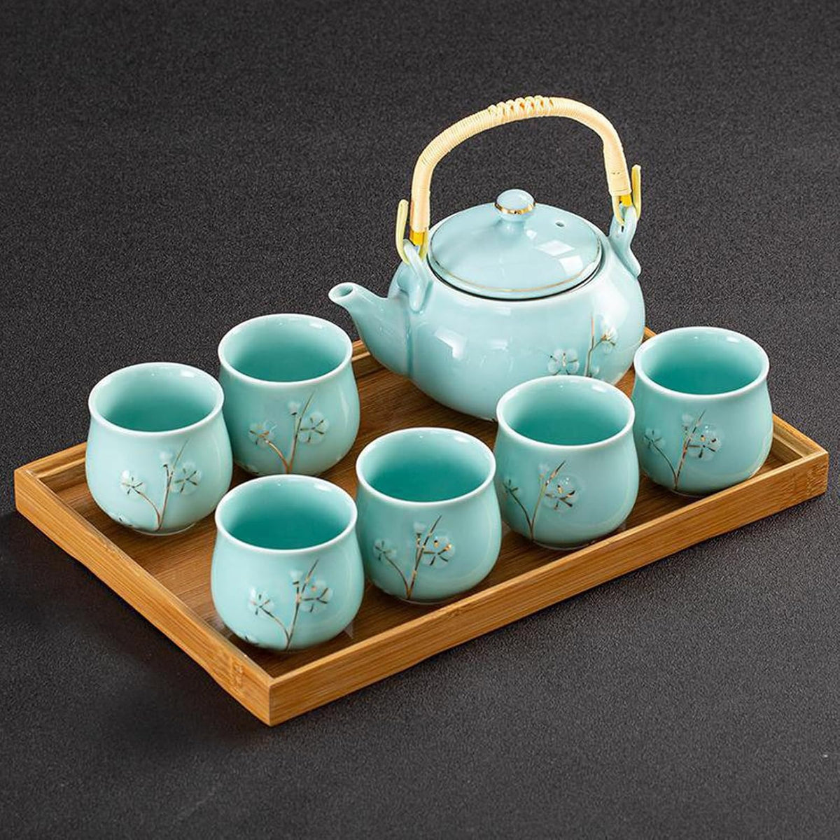 KEYDUACU Japanese Tea Set, Kiln-Formed Ceramic TeaSet, Plum Blossom Embossed, Includes 1 Teapot, 6 Teacups,Tea Tray,Strainer, Used for home, outdoor, gift, Chinese Kung Fu Tea Sets(FDMH-CYAN-MU)