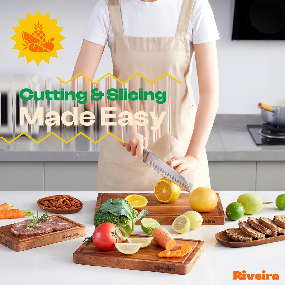 Riveira Walnut Cutting Board Set – Versatile And Durable: Set Of 3 Pcs Rectangular Wooden Cutting Board – Natural Wooden Cutting Boards For Kitchen