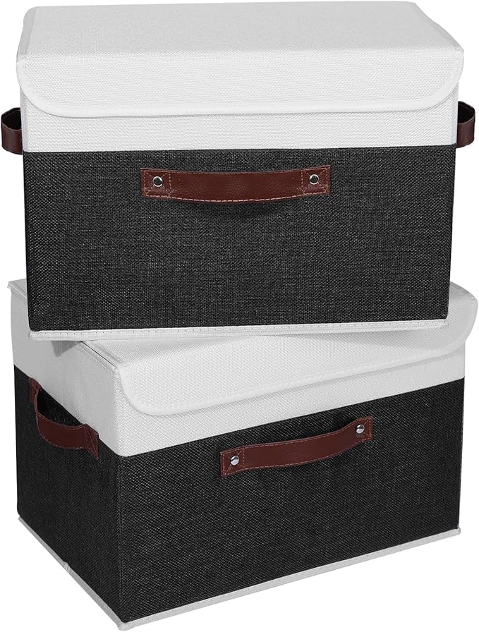 ANMINY 2PCS Storage Boxes with Lid Washable Decorative Storage Bins Basket with PU Leather Handle Foldable Linen Fabric Storage Cubes Containers for Home Closet Organizer - Black White, Large Size