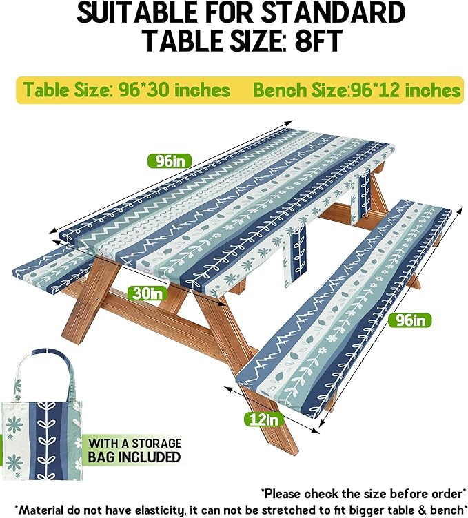 Picnic Table Cover with Bench Covers Waterproof Elastic Rectangle Furniture Fitted Tablecloth Table Cloth Glamping Camp Camper Camping Essentials Outdoor Road Trip Rv Car Travel Vacation Canping Gear
