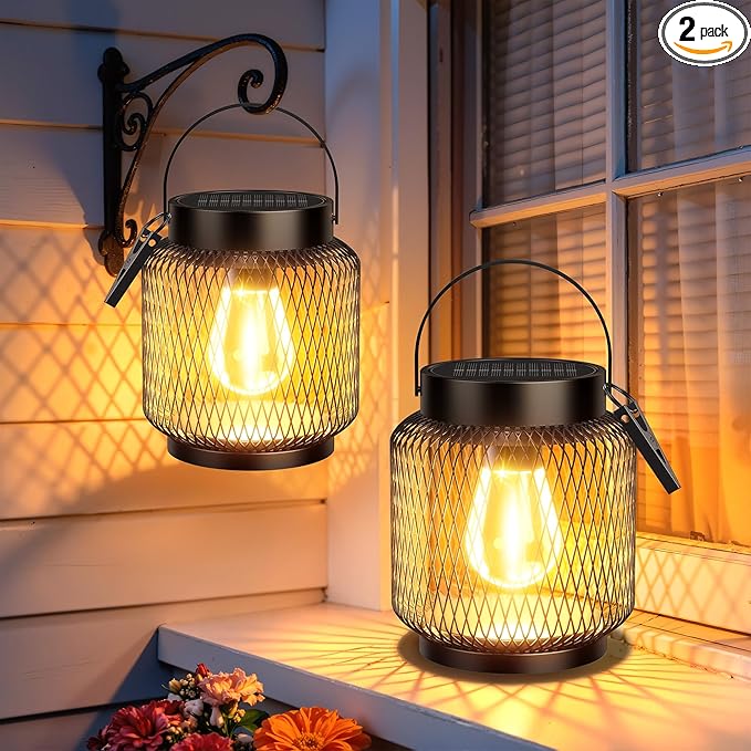 KOOPER Metal Solar Lanterns Outdoor Waterproof, 2 Pack Brighter Hanging Solar Lights for Outside, Up to 15 Hours Modern Hanging Solar Powered Lanterns Lights for Yard Patio Porch Garden Decorative