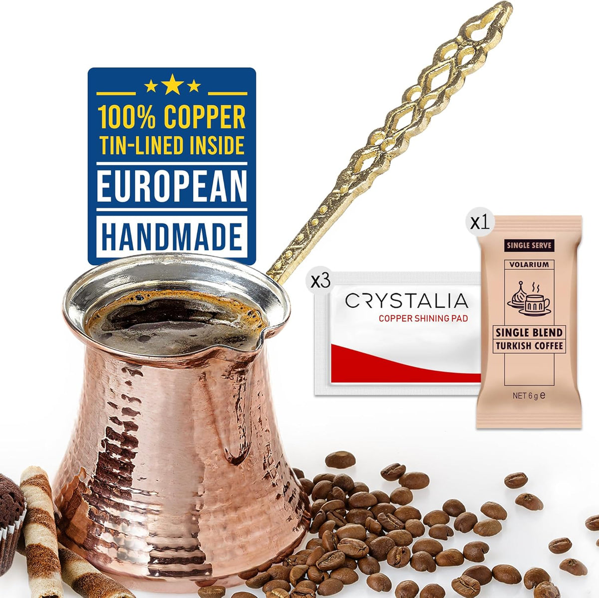 Volarium Turkish Coffee Pot, Greek Arabic Coffee Maker, Hammered Copper Coffee Cezve, Stove Top Coffee Maker (Large)