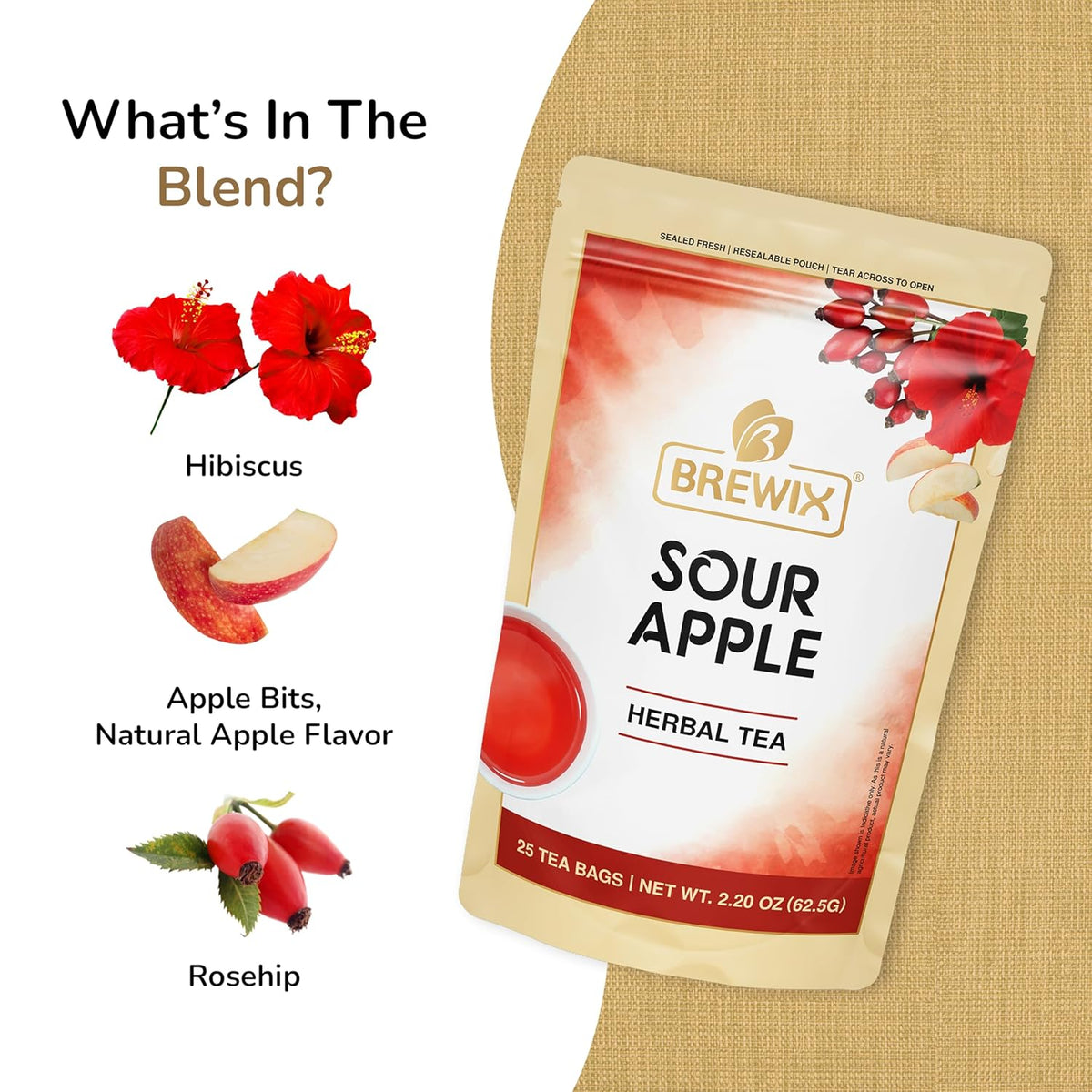 Brewix, Sour Apple Hibiscus Tea Bags (25 Pyramid Tea Bags) Caffeine-Free Herbal Tea, Apple, Hibiscus, Rosehip, Refreshing Wellness Brew for Any Mood