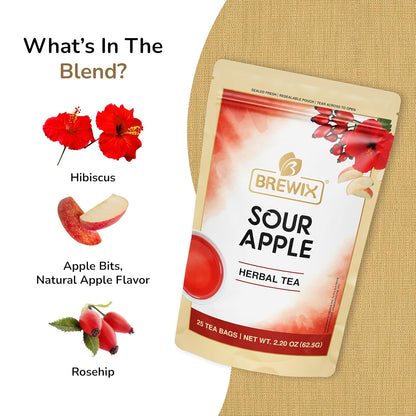 Brewix, Sour Apple Hibiscus Tea Bags (25 Pyramid Tea Bags) Caffeine-Free Herbal Tea, Apple, Hibiscus, Rosehip, Refreshing Wellness Brew for Any Mood