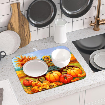Thanksgiving Autumn Harvest Pumpkin Dish Drying Mat for Kitchen Counter,Sunflowers and Cart Drying Mat 16 x 18 Inch Microfiber Dish Drying Pad Ear of