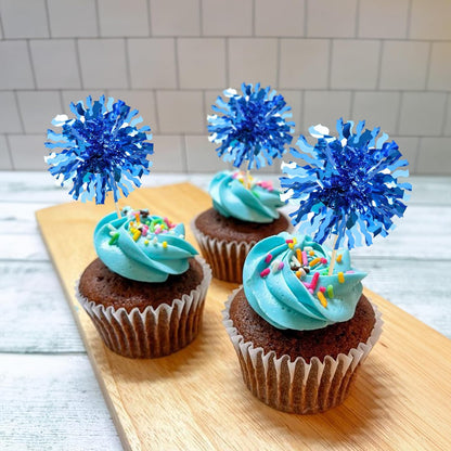 Ephlyn 30Pcs Foil Firework Cupcake Toppers Blue Tinsel Flower Drink Stirrers Cocktail Food Fruit Cake Toppers for Valentine's Day Party Decorations