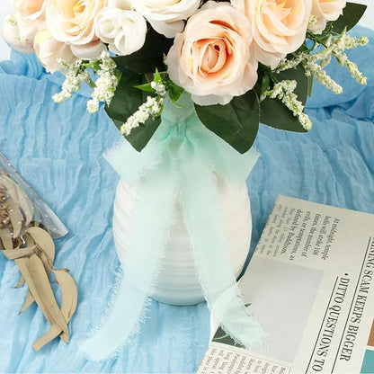 Aqua Chiffon Ribbon - 1 Inch x 21 Yards, Handmade Fringe, Silk, Boho Frayed, Dreamy Green for Gift Wrapping, Wedding Invitation, Bridal Flower Bouquets