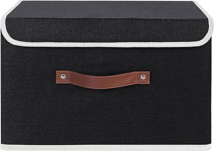 ANMINY 2PCS Storage Bins with Lid PU Leather Handles Storage Boxes PP Plastic Board Decorative Foldable Lidded Cotton Linen Fabric Home Cubes Baskets Closet Organizer Containers - Black, Large Size