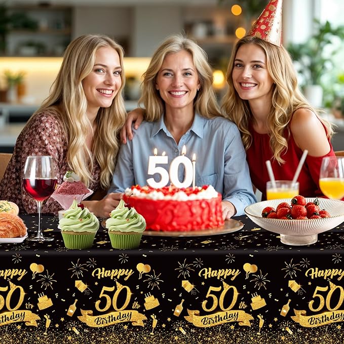 NatNarr 3 Pack 50th Birthday Plastic Tablecloth, 54x108 Inch Black Gold Disposable Rectangle Table Cover Waterproof Table Cloth for Birthday 50 Anniversary Party Supplies