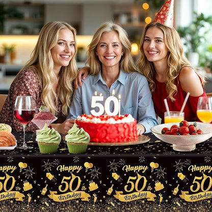 NatNarr 3 Pack 50th Birthday Plastic Tablecloth, 54x108 Inch Black Gold Disposable Rectangle Table Cover Waterproof Table Cloth for Birthday 50 Anniversary Party Supplies