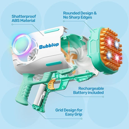 Play-Act 69 Holes Bubble Machine Guns Toys, Bazooka Rocket Shape Bubble Gun for Kids Adults, Colored Lights Blaster Blower with Solution Outdoor, Summer Toys, Party Favors, Wedding, Birthday