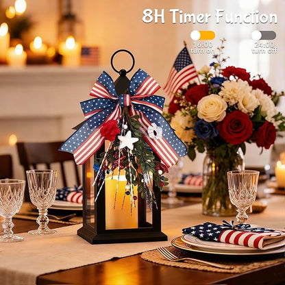 Patriotic Lanterns Decorative Indoor, 2 Pack Black Lantern with Timer Flameless Candle, 14" Battery Waterproof Outdoor Hanging 4th of July Lanterns for Porch, Patio, Patriotic Decorations