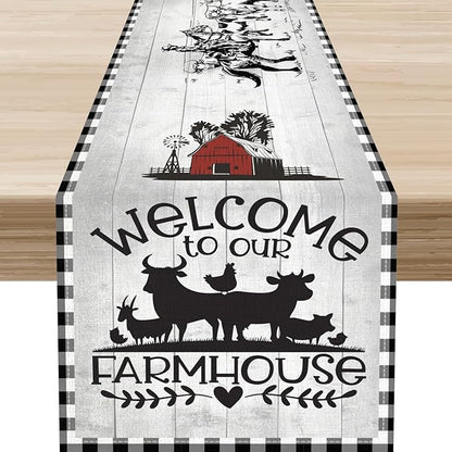 Farmhouse Cow Table Runner, Rustic Rooster Sheep Black White Plaid Animals Farm Coffee Table Center Decor for Home Kitchen Dining Patio Holiday Party Indoor Outdoor Table Decorations, 13"x90"