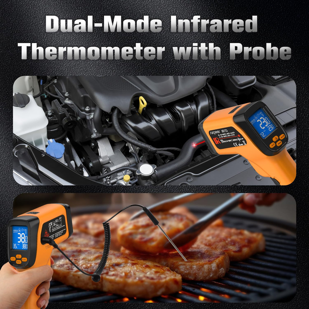 Infrared Thermometer Temperature Gun, Non-Contact Digital Laser Temp -58°F to 1472°F, K-Type Probe -58°F to 572°F, for Cooking, Pizza Oven, BBQ, HVAC, Home & Industrial