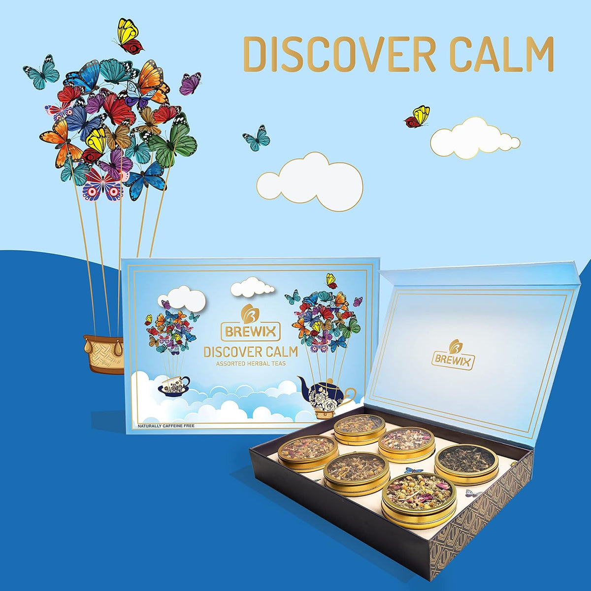 Brewix, Discover Calm Premium Herbal Tea Christmas Gift Box (3.53oz/50+ Cups), Tea Gift Sets For Tea Lover, 6 Unique Herbal Teas, Best for Birthdays