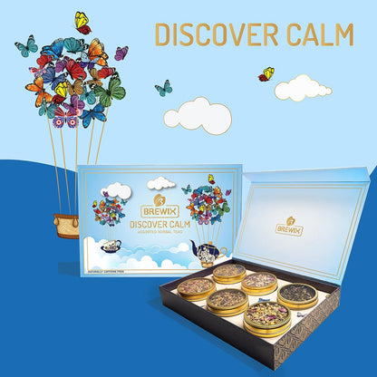 Brewix, Discover Calm Premium Herbal Tea Christmas Gift Box (3.53oz/50+ Cups), Tea Gift Sets For Tea Lover, 6 Unique Herbal Teas, Best for Birthdays