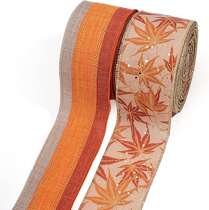 LaRibbons Fall Burlap Ribbon Wired 2 1/2" x 10 Yards 2 Rolls, Maple Leave Striped Ribbon for Autumn Wreath Thanksgiving Farm Gift Wrapping Home Decor