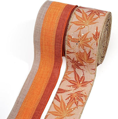 LaRibbons Fall Burlap Ribbon Wired 2 1/2" x 10 Yards 2 Rolls, Maple Leave Striped Ribbon for Autumn Wreath Thanksgiving Farm Gift Wrapping Home Decor