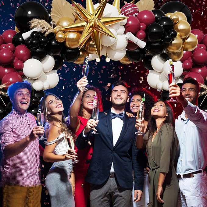 Burgundy Balloon Arch Garland Kit,Burgundy Maroon and Gold White Black Balloons Exploding Star Foil Balloons for New Year Decorations Graduation Retirement Birthday Wedding Party Supplies