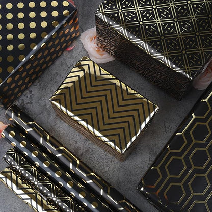 Birthday Wrapping Paper Metallic Black and Gold Geometric Wrapping Paper Gift Wrap for Father's Day Men Husband Boyfriend Mini Roll, 4 Rolls Geometry Pattern - 17 inch x 120 inch(10feet) Per Roll