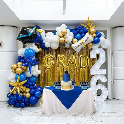 138Pcs Graduation Balloon Garland Arch Kit Blue and Gold - Class of 2026 Decorations with GRAD Foil Balloons, Cap and Diploma Balloons for College High School Graduation Prom Party Supplies