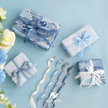 HUIHUANG Dusty Blue Satin Ribbon 1/2 inch x 4 Rolls Light Blue/Smoke Blue/White/Dusty Blue Ribbon for Gift Wrapping DIY Crafts Hair Decor Flower Bouquets Wedding Decor- Total 40 Yards