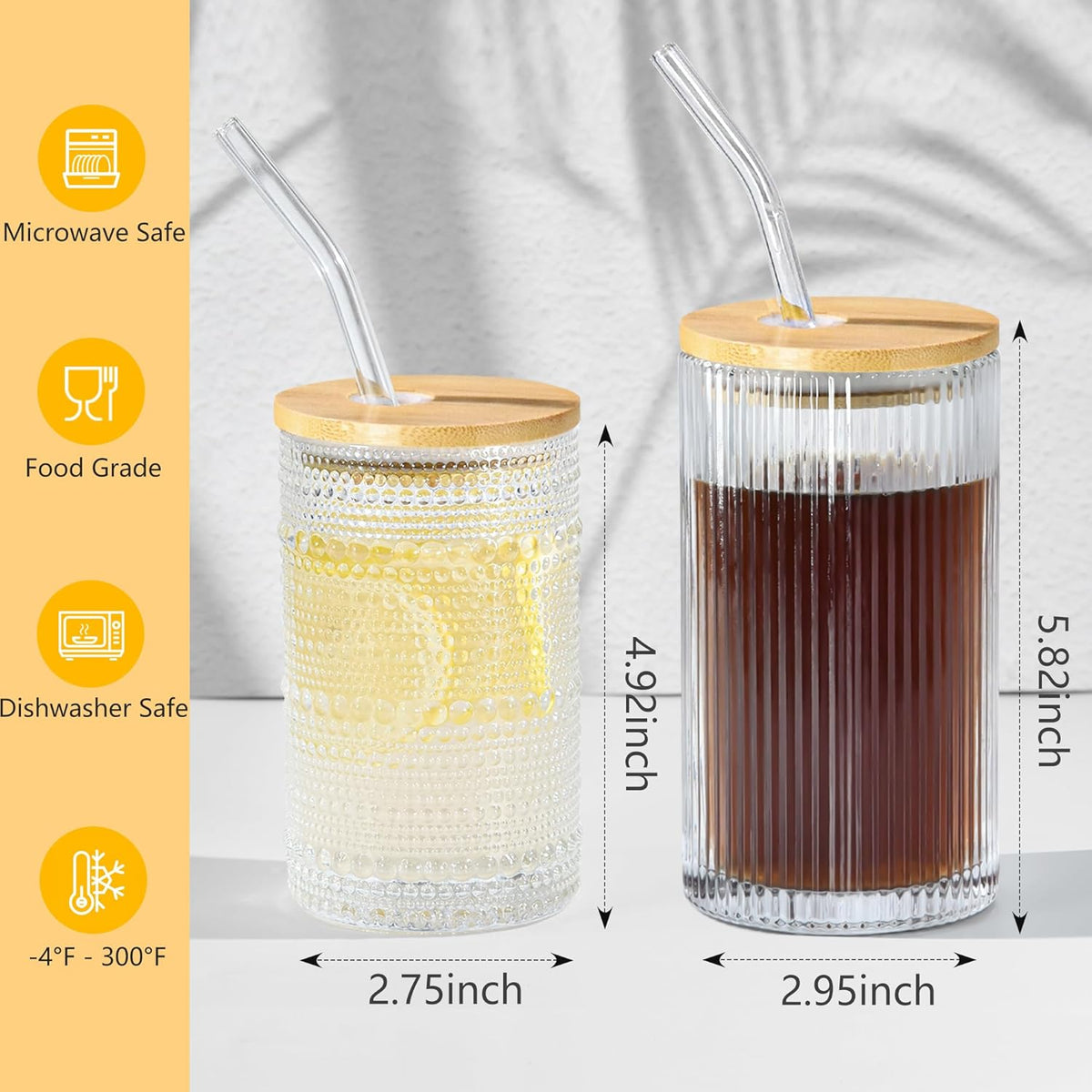 14 oz Drinking Glasses Set of 4 with Bamboo Lids Straws Striped Ribbed Glassware Set Vintage Glass Cups Embossed Iced Coffee Cup for Beer Cocktail