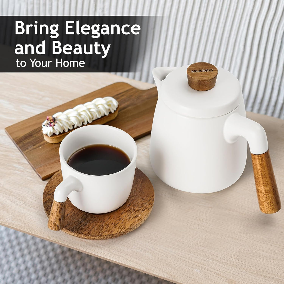 MIAMIO – 34 Oz Ceramic Tea Pot Set with Infuser and Cups/Tea Strainer, 4 Ceramic Tea Mugs (10 Oz), Bamboo Saucers/Handle for Home and Office (White)