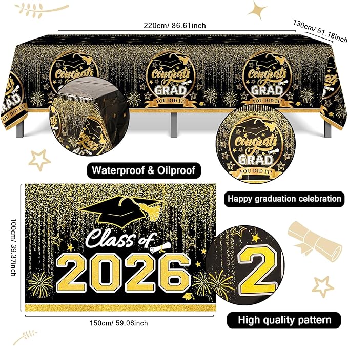 Graduation Decorations 2026, Black and Gold Balloon Garland Arch, Black and Gold Graduation Decorations with Congrats Grad Tablecloth and Class of 2026 Backdrop for High School College Grad Party