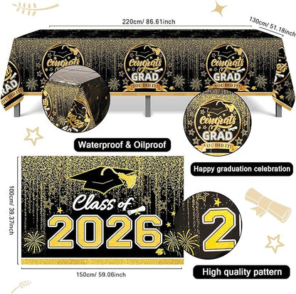 Graduation Decorations 2026, Black and Gold Balloon Garland Arch, Black and Gold Graduation Decorations with Congrats Grad Tablecloth and Class of 2026 Backdrop for High School College Grad Party