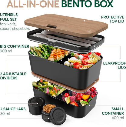 Umami Premium Lunch Box Containers w/ 4 Utensils, 2 Sauce Jars, Nestable Space-Saving Bento Box Adult, 100% Leakproof, Microwavable Lunch Containers for Adults, Cherry Black, 50 oz