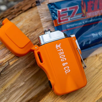 – 10 Pack All-Natural Fire Starters for Campfires, Fire Pits, BBQs & Fireplaces – Long Burning, Weather-Resistant, Non-Toxic + Survival Frog Rechargeable Lighter Kit