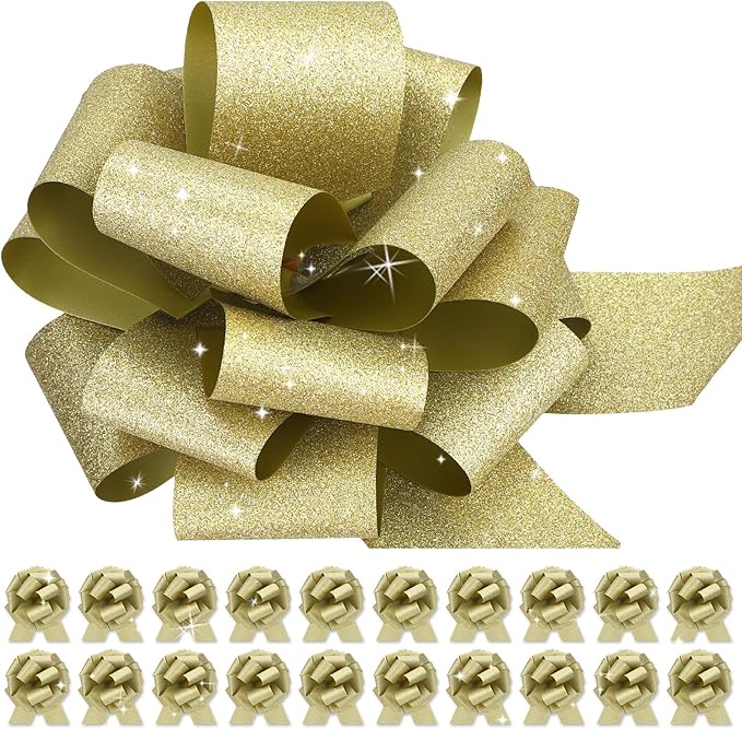 20 pcs Gold Pull Bow for Gift Basket Wrapping Xmas Gift Bows Presents Adhesive Wrap Ribbon Bow for Christmas Tree Ornament Wine Bottles Bouquet Flower Valentine's Day Party Decor (Gold-L)