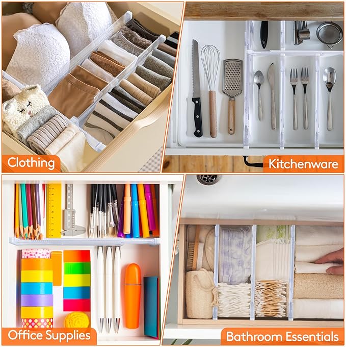 6 Pack Drawer Dividers, Adjustable Drawer Organiser Divider(11.3-20"), 3.2" High Extendable Plastic Drawer Dividers for Kitchen Bedroom Office Desk Cosmetic Cutlery Organisers
