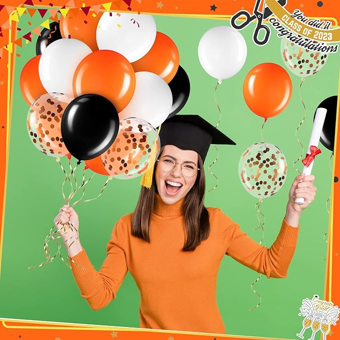 Sratte 60 Pcs 12 Inch Black Orange White Balloons Kit Halloween Decorations Confetti Latex Metallic Balloons with 2 Rolls Ribbon Party Favor for Memorial Day, Birthdays