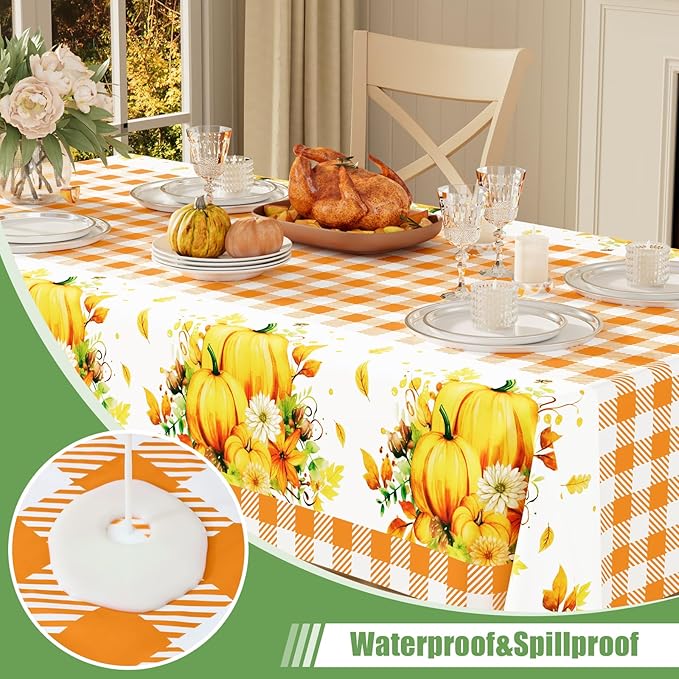 Smiry 10 Pack Gingham Disposable Table Cloth, 54 x 108 Inch Waterproof Plastic Tablecloth, Rectangle Orange Checkered Pumpkin Table Covers for Thanksgiving, Harvest, Birthday, Party