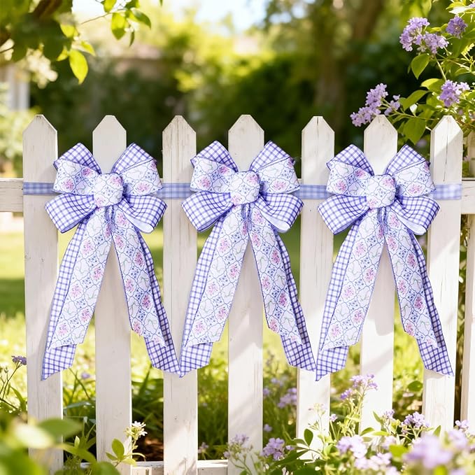LaRibbons Floral Ribbon Wired 2.5 Inch x 6 Yards, 2 Rolls Purple Flower & Gingham Ribbon Set for Spring Wreaths, Gift Wrapping, Bow Making, Home Decor